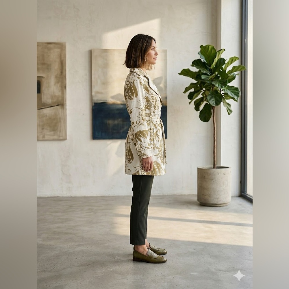 CAbi XS Floral Trench Coat Jacket Minimalist Chic Cotton Linen Neutral Cream Tan - Picture 3 of 13